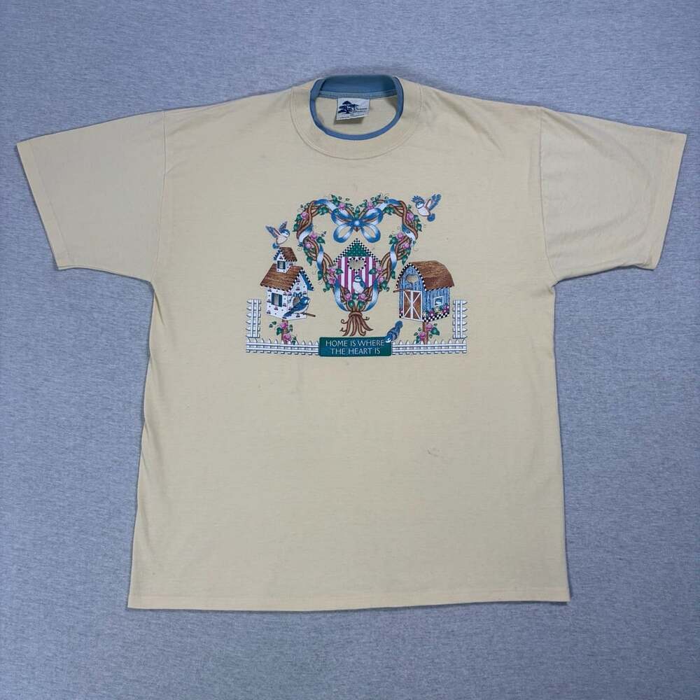 Pleasant Shade T-Shirt Size XL Home Is Where The Heart Is Birds Graphic Yellow